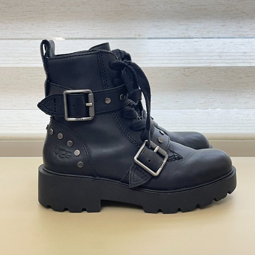 Ugg Zorrah Boots 6 Moto Combat Black Leather Silver Studs Side Zip Strap Buckle - Picture 5 of 16